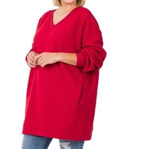 Zenana V Neck Sweatshirt Tunic OVERSIZED Long Line Pocket Red Plus  2X 3X